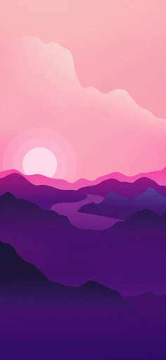 Phone wallpaper featuring layers of mountain silhouettes under a pastel pink sky with a soft sunset, creating a peaceful and tranquil purple gradient backdrop.