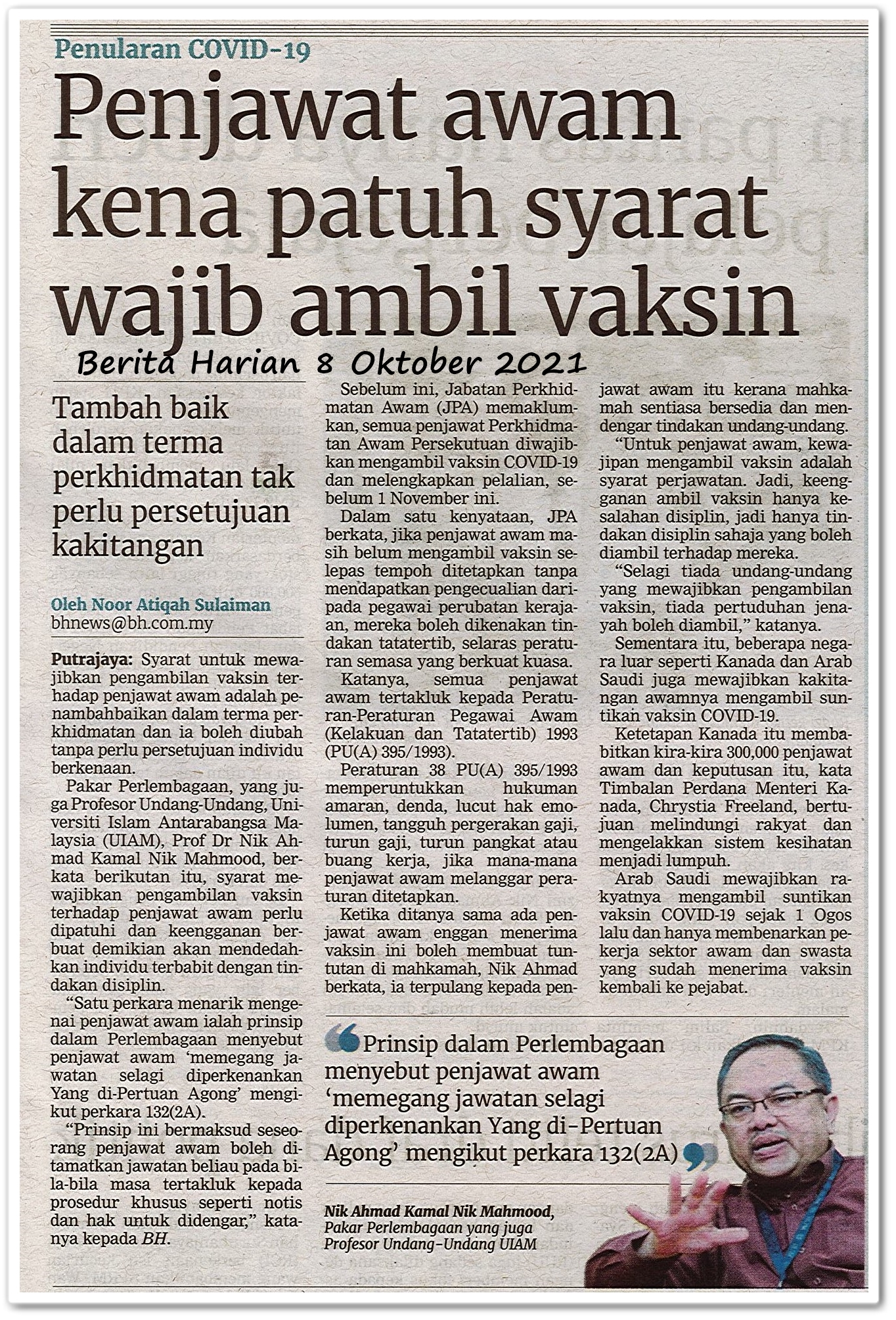 Penjawat awam kena patuh syarat wajib ambil vaksin - Keratan akhbar Berita Harian 8 Oktober 2021