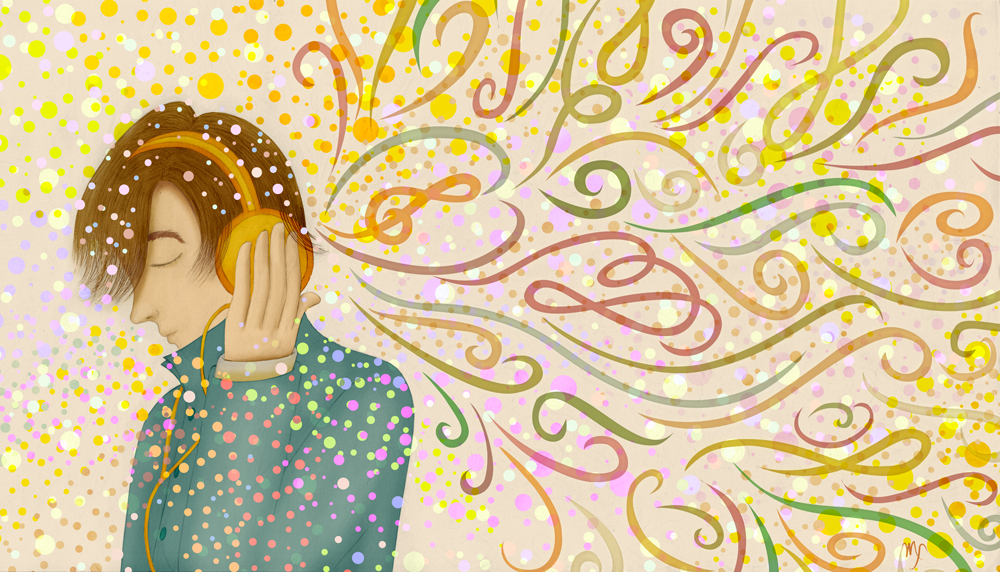 boy with headphones and swirls of colors all around him