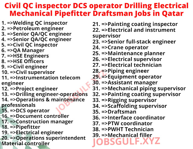 Civil QC inspector DCS operator Drilling Electrical Mechanical Pipefitter Draftsman Jobs in Qatar
