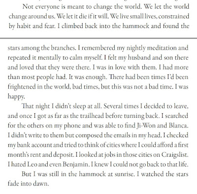 Not everyone is meant to change the world. We let the world change around us. We let it die if it will. We live small lives, constrained by habit and fear. I climbed back into the hammock and found the stars among the branches. I remembered my nightly meditation and repeated it mentally to calm myself. I felt my husband and son there and loved that they were there. I was in love with them. I had more than most people had. It was enough. There had been times I’d been frightened in the world, bad times, but this was not a bad time. I was happy. That night I didn’t sleep at all. Several times I decided to leave, and once I got as far as the trailhead before turning back. I searched for the others on my phone and was able to find Ji-Won and Blanca. I didn’t write to them but composed the emails in my head. I checked my bank account and tried to think of cities where I could afford a first month’s rent and deposit. I looked at jobs in those cities on Craigslist. I hated Leo and even Benjamin. I knew I could not go back to that life. But I was still in the hammock at sunrise. I watched the stars fade into dawn.