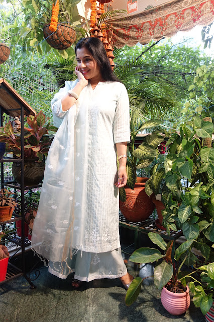 Silk Chanderi, powder blue, handloom suit with woven motifs.