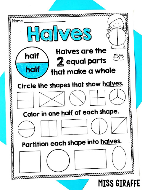 Halves worksheet to practice half of (fourth of also included!) by circling, coloring, and partitioning shapes! Perfect for first grade fractions or any younger kids learning equal parts