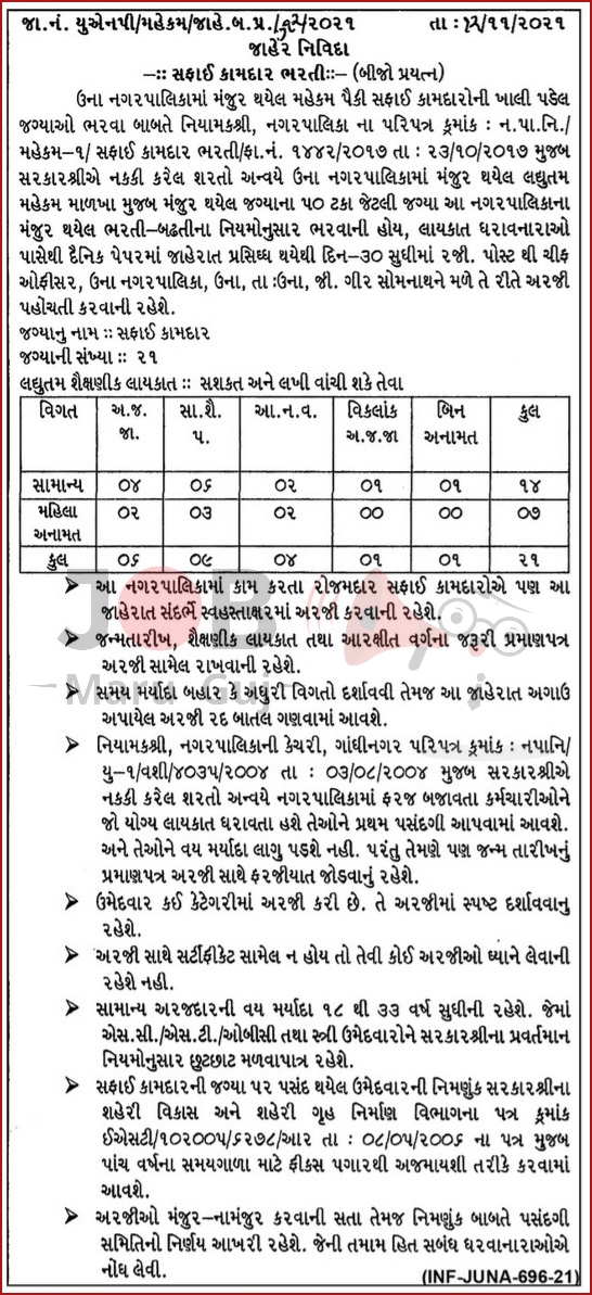 Safai Kamdar Job - Una Nagarpalika Recruitment 2021
