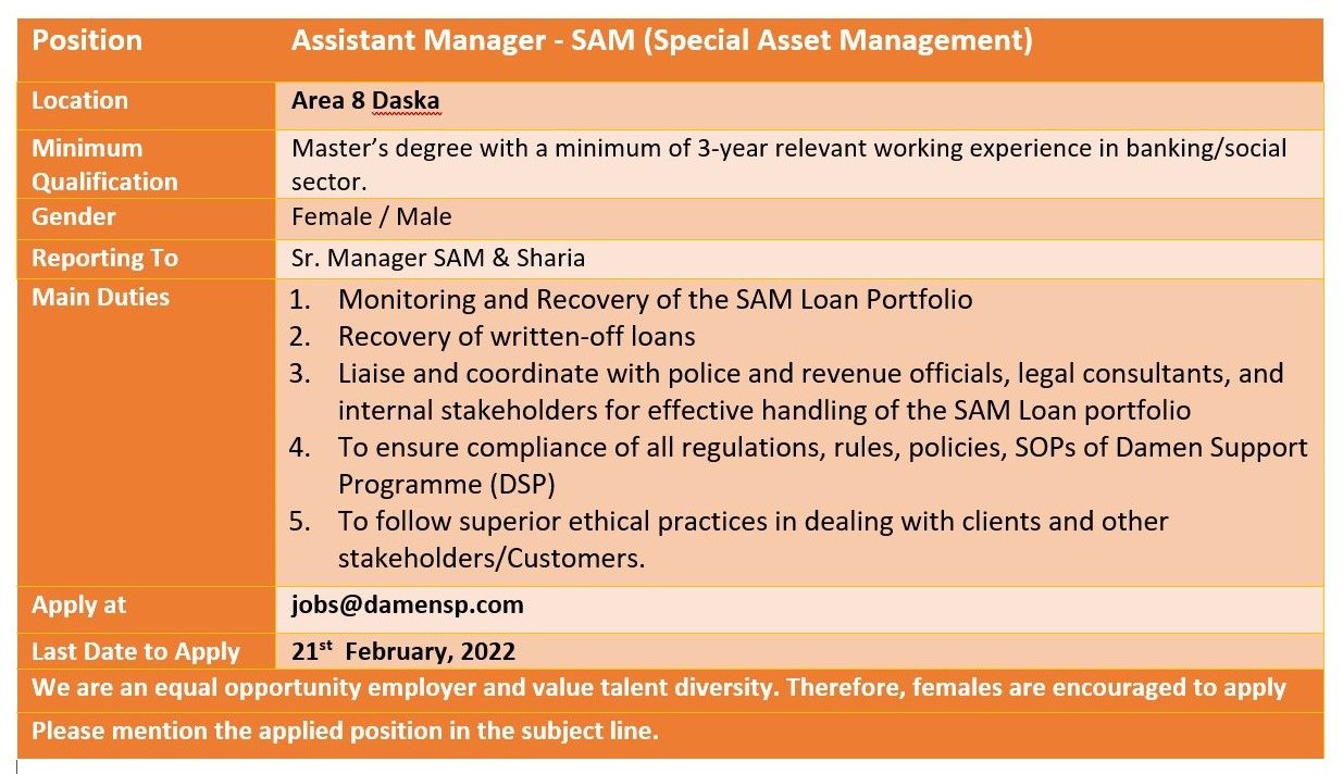 DAMEN SUPPORT PROGRAMME (DSP) Jobs  Assistant Manager SAM