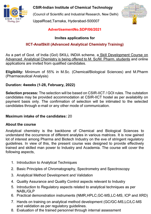 IICT-AnalSkill (Advanced Analytical Chemistry Training) | (1-28, February, 2022) | Must Apply