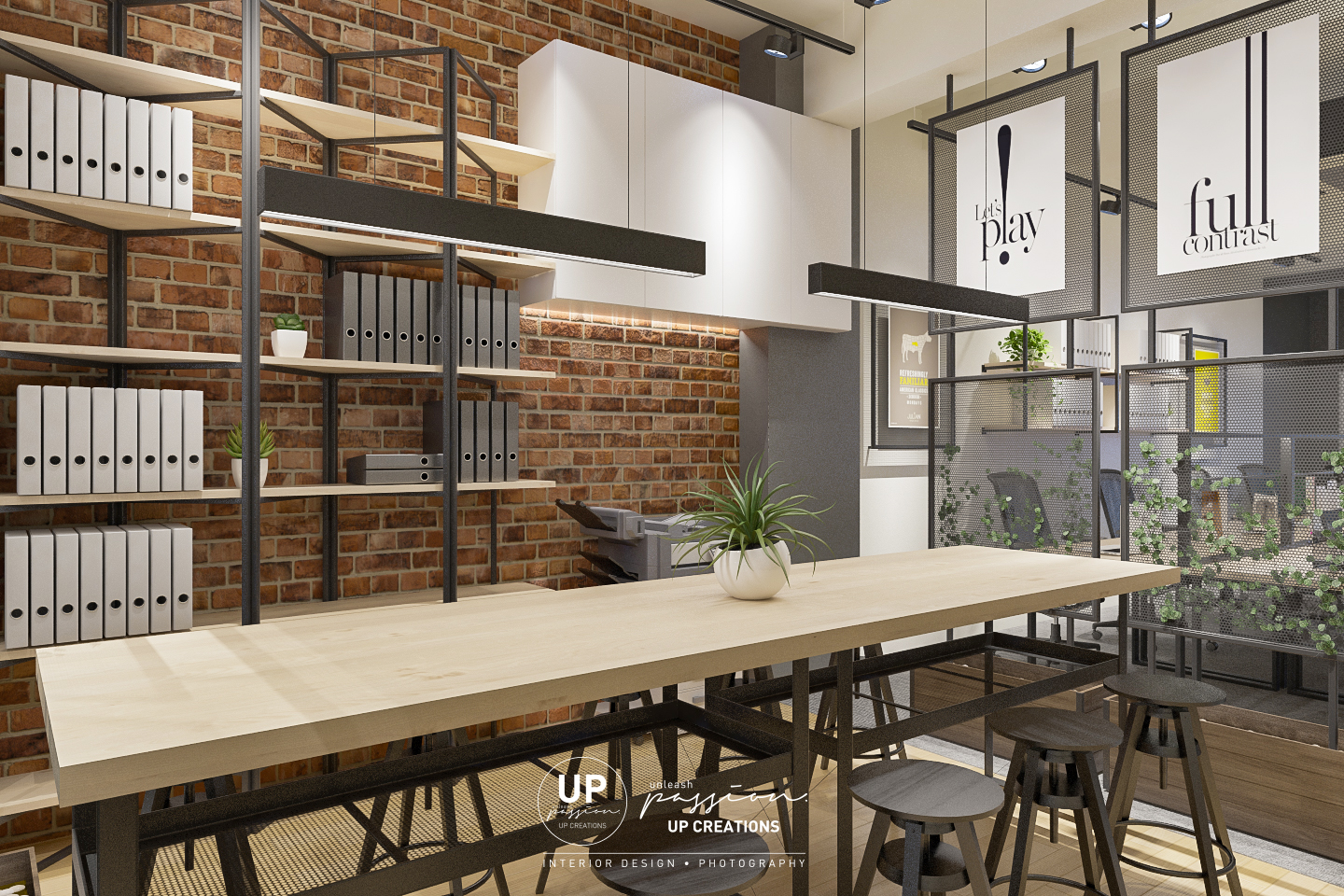 Subang vox eureka office working area with wood top table, black color racking and wood shelf, red color raw bricks, black color wire mesh divider and planter