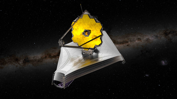 An artist's concept of NASA's James Webb Space Telescope with the Milky Way in the background.