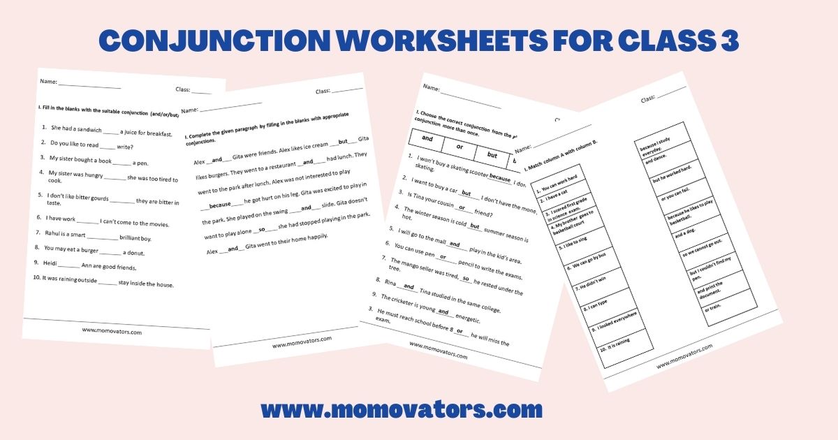 Conjunction worksheets for class 3, conjunctions worksheets for class 3, conjunction worksheet for class 3, conjunction exercise for class 3, conjunctions worksheet pdf, basic conjunctions worksheets @momovators
