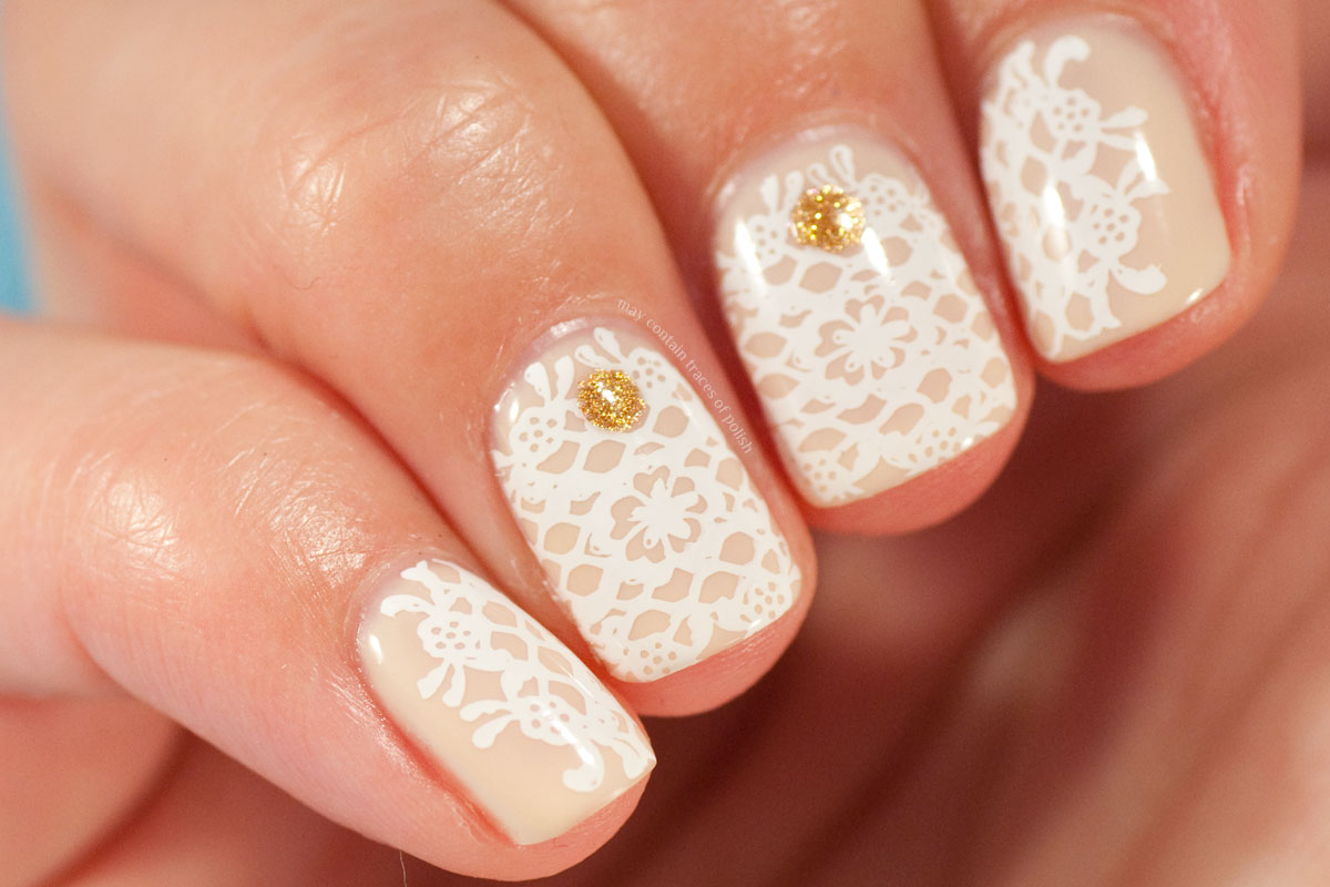 Lace Style Nails stamped with MoYou Bridal Plate 06 over Gelish