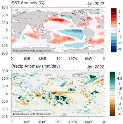 Sea surface temperature (SST) anomaly (C) and Precipitation Anomaly (mm/day) for January 2022. [SST data: NOAA ERSSTv5, Precipitation data: GPCPv2.3, Climatology: 1991-2020]