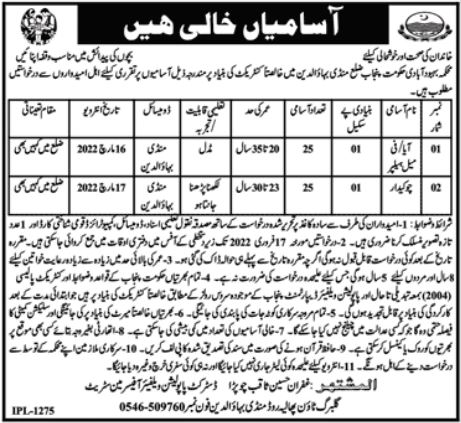 Aya and Chowkidar jobs at Population Welfare Department