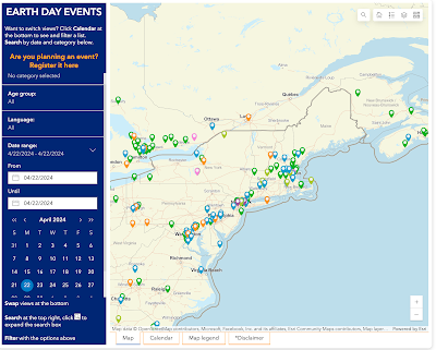Earthday.org event map of Northeast US and Southeast Canada for events on 4/22/2024