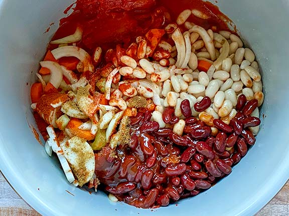 Campfire stew ingredients in slow cooker