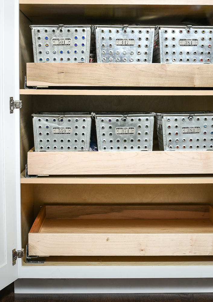 Organized pantry with vintage locker baskets