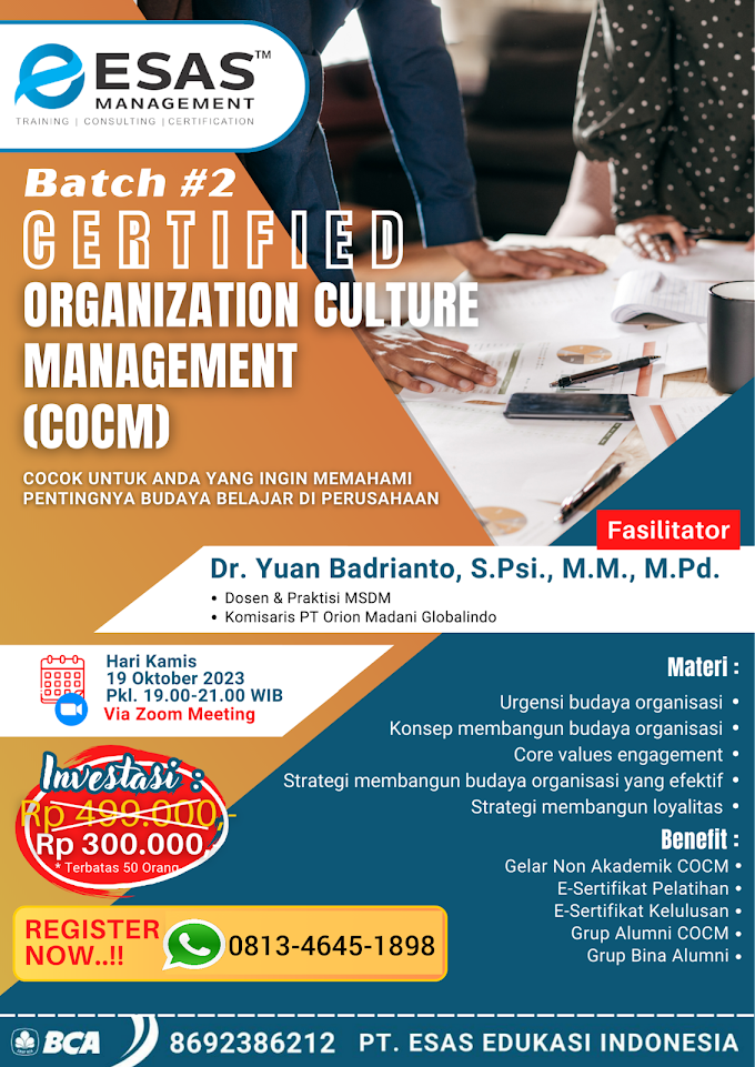 WA.0813-4645-1898 | Certified Organization Culture Management (COCM) 19 Oktober 2023