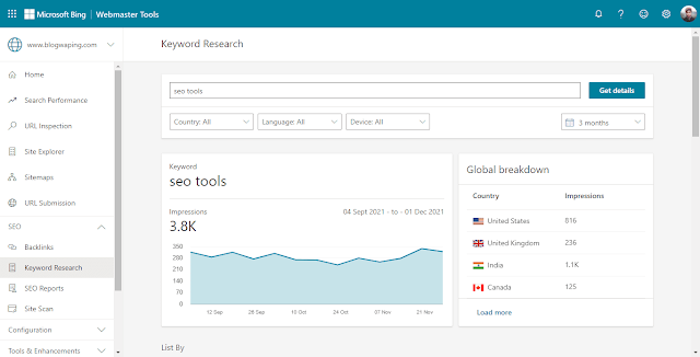 Bing Webmaster online tool screenshot