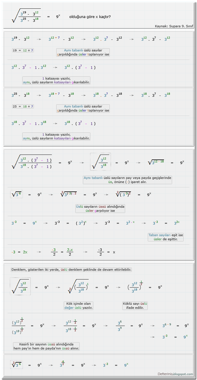 Örnek-soru-2 » Köklü ifadeler içeren denklemler » Denklemleri üslü ifade etmek (Kaynak: Supara 9. sınıf).