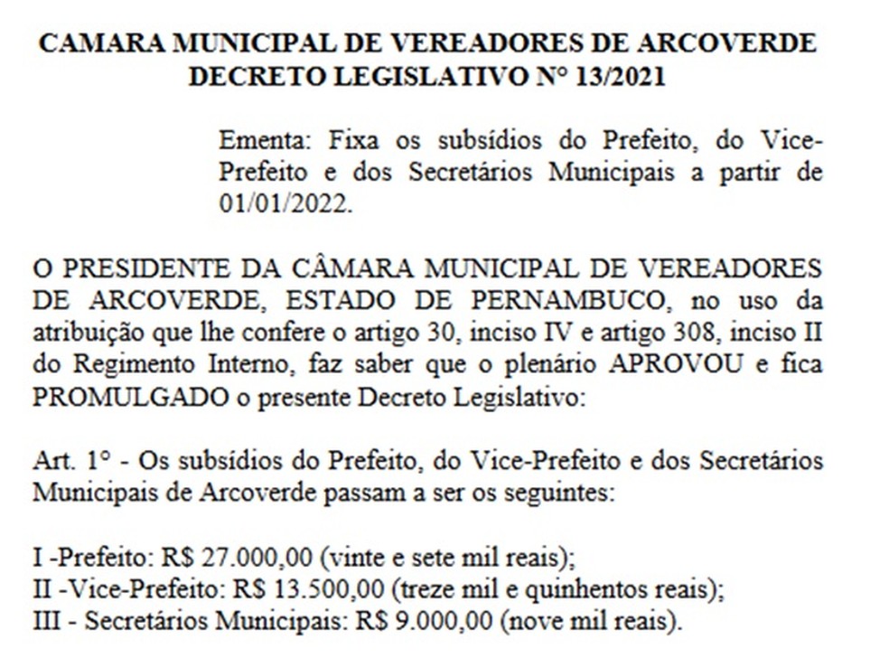 Câmara de Arcoverde aprova salário de R$ 27 mil para o prefeito