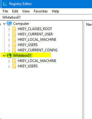 Registry editor with remote computer connected. remote computer displayed on the left window pane of registry editor.