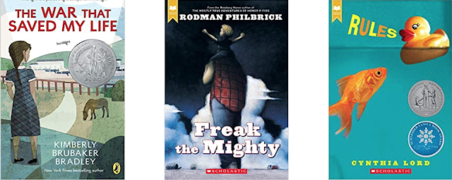 Book covers of The War that Saved My Life, Freak the Mighty, and Rules