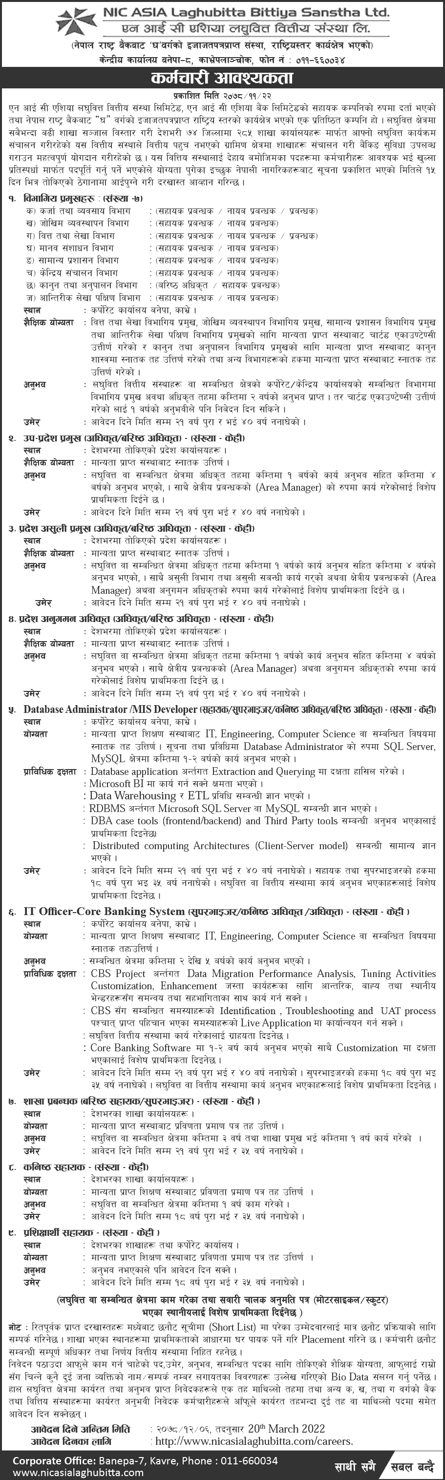 NIC Asia Laghubittiya Sanstha Vacancy for Various Post