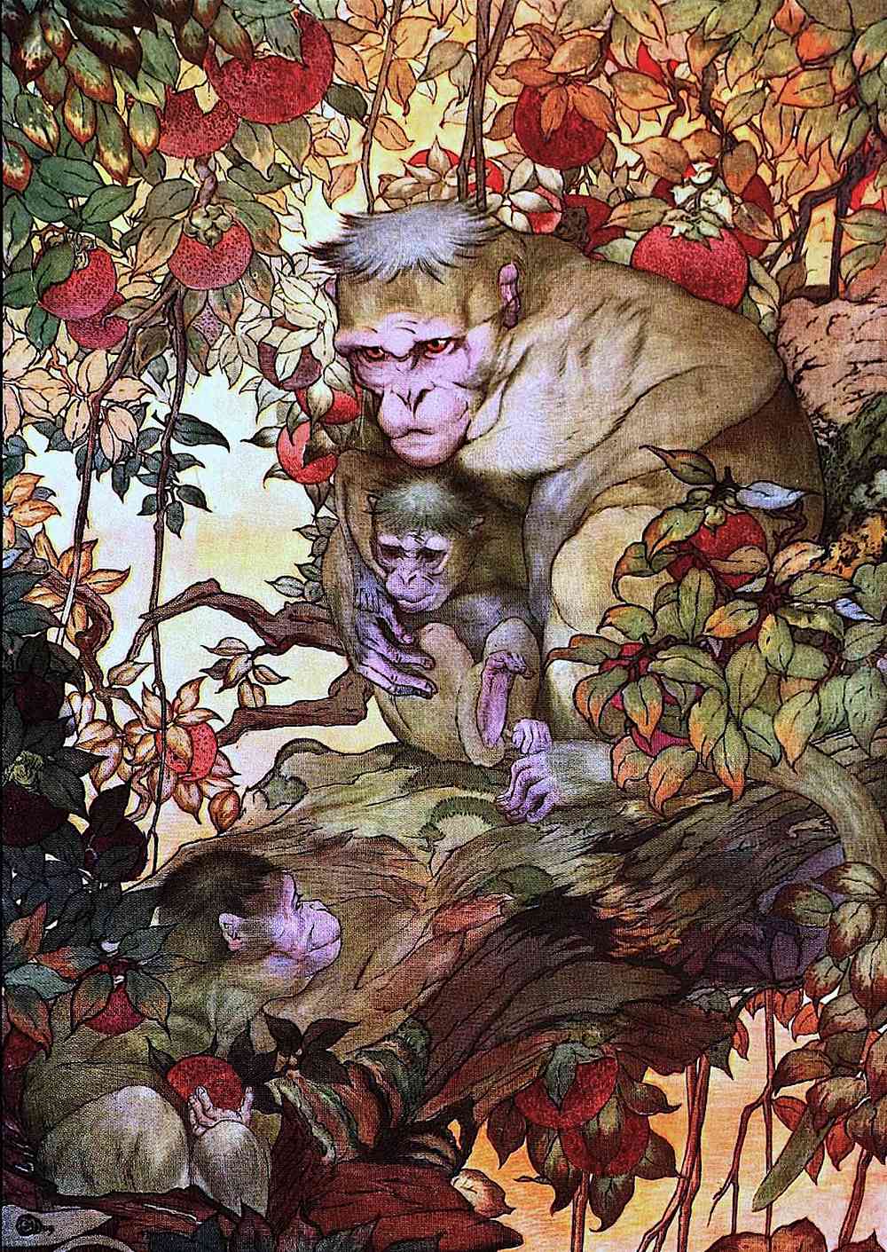 an Edward Julius Detmold zoological illustration of jungle monkeys under the jungle canopy