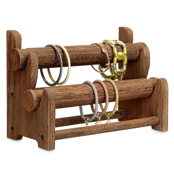 #WD3802BR Wooden 2 Tier Bar Bracelet Bangle Jewelry Holder