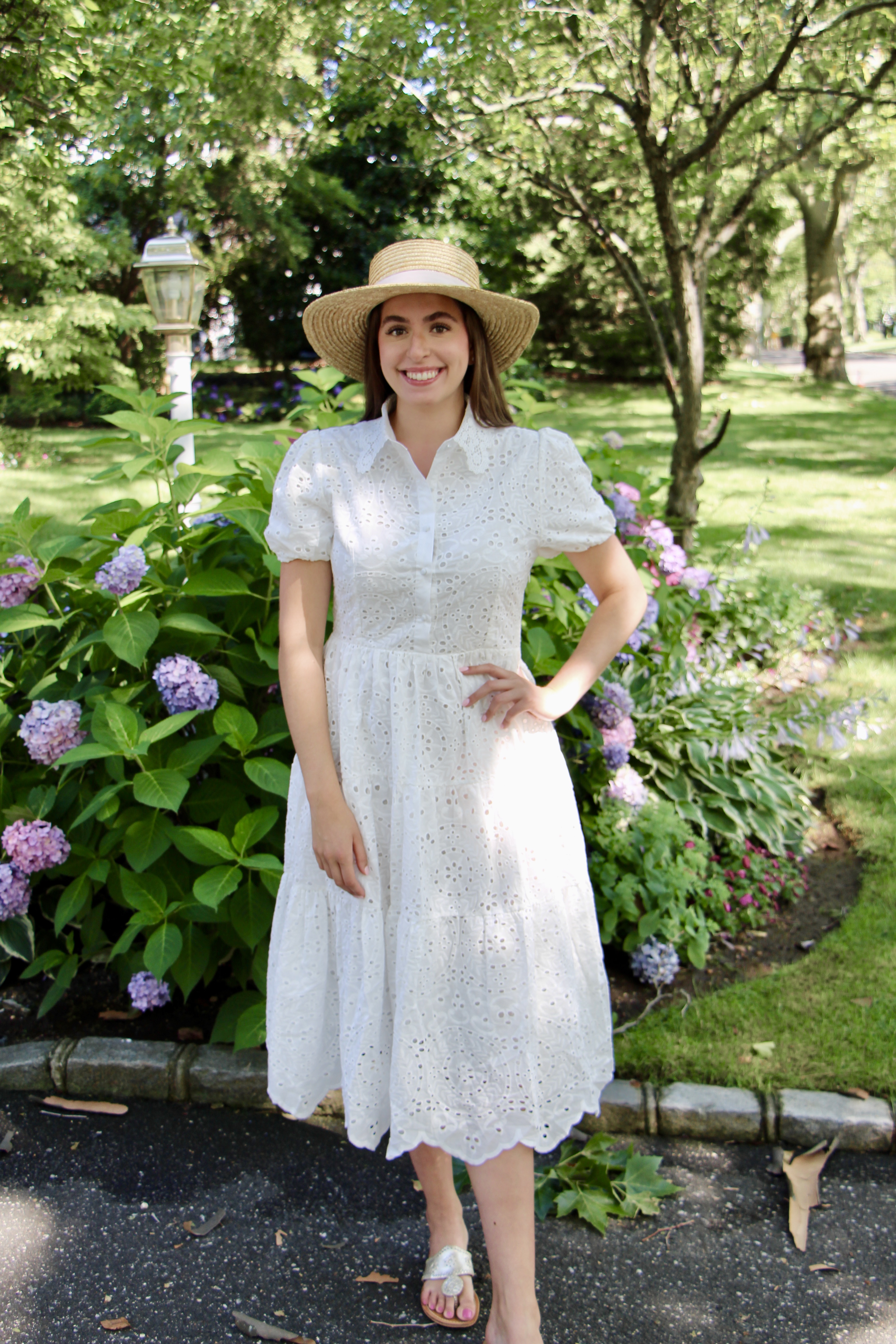 shirt dress, white lace, midi dress, straw hat, summer dress, summer outfit, chicwish