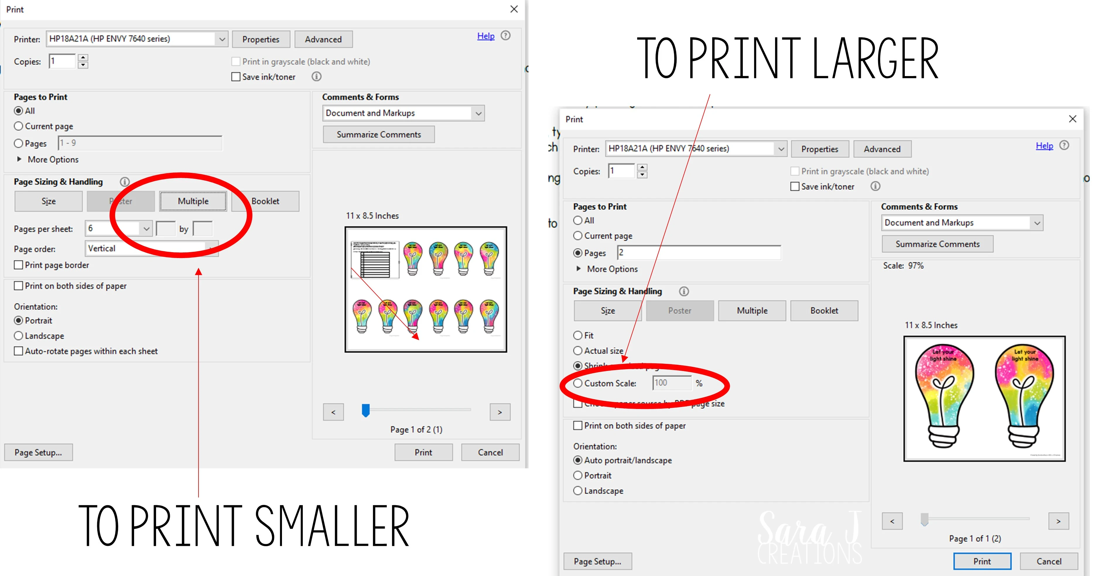 Changing the size of printing in the settings