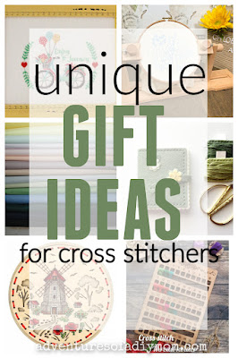 collage of images of gift ideas for cross stitchers with text overlay