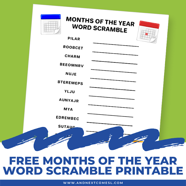Free printable months of the year word scramble game for kids with answers