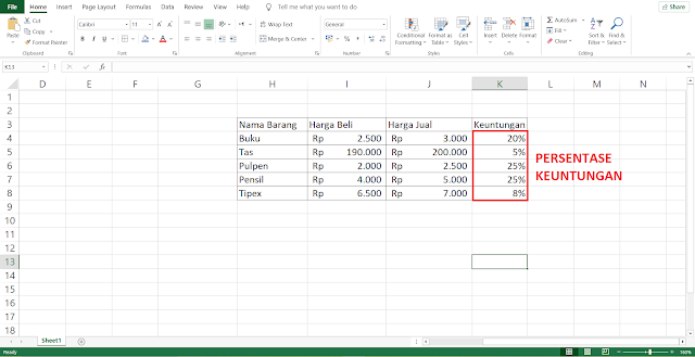 Cara Menghitung Persentase Keuntungan di Microsoft Excel