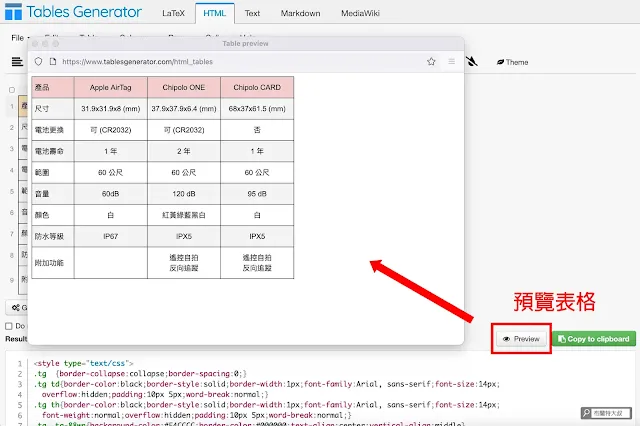 Tables Generator 線上表格工具 - 可以用預覽功能再次確認表格無誤