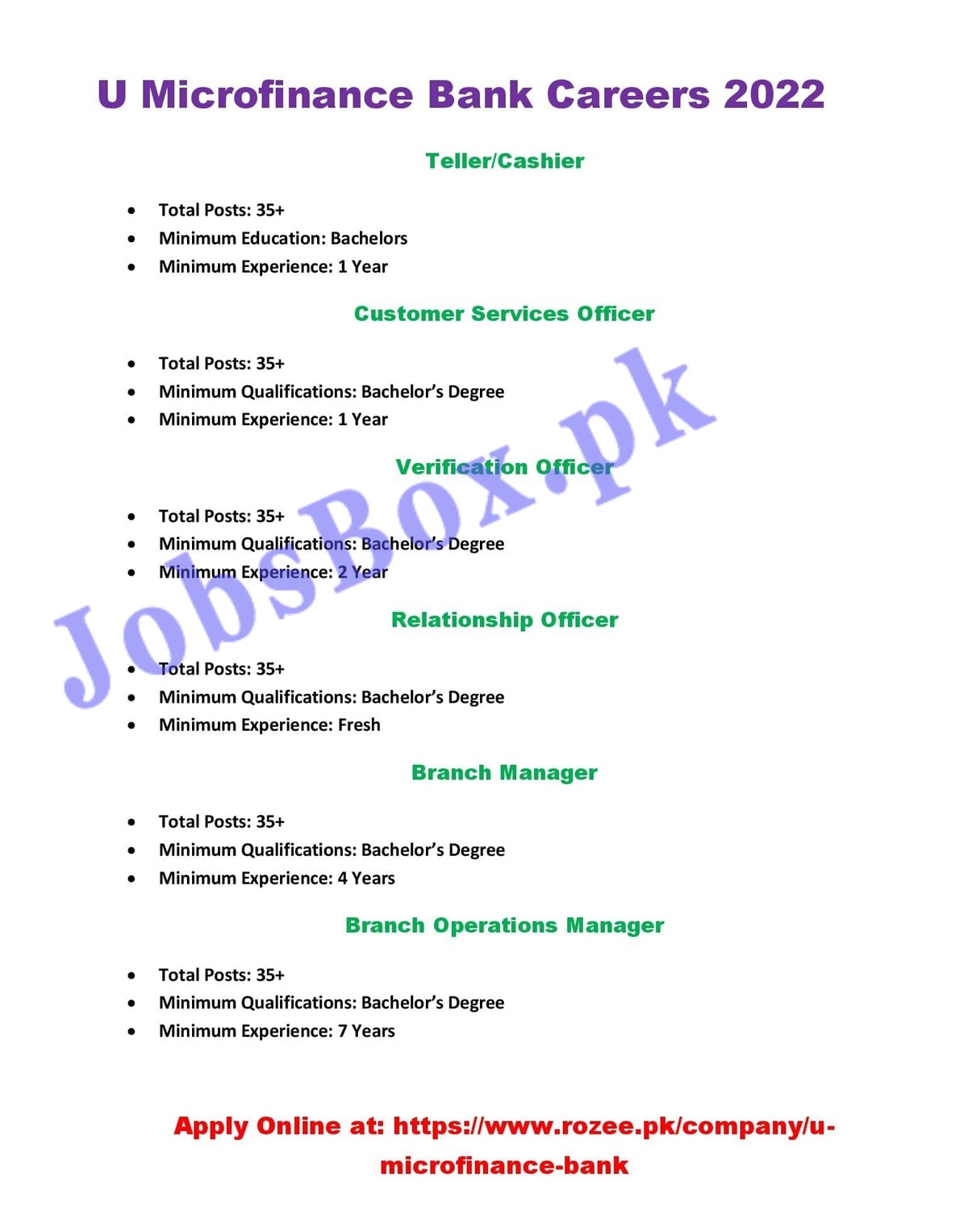 U Microfinance Bank Limited Jobs 2022 for Cashiers