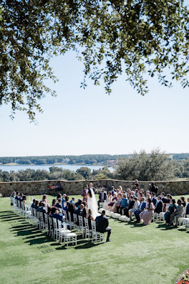 wedding ceremony on lawn with two parallel rows of chairs