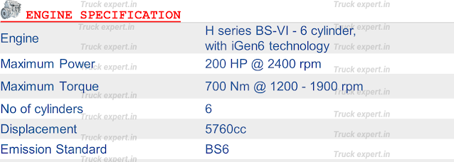 Ashok leyland 4120 8x2 DTLA- Engine Specification  Ashok leyland 4120 8x2 DTLA comes with a maximum engine output of 200Hp @ 2400rpm & a maximum torque of 700N-m @ 1200-1900rpm at the rear drive axle, this power is Produced from a 5760cc bs6 engine. this vehicle comes under the N3 category.