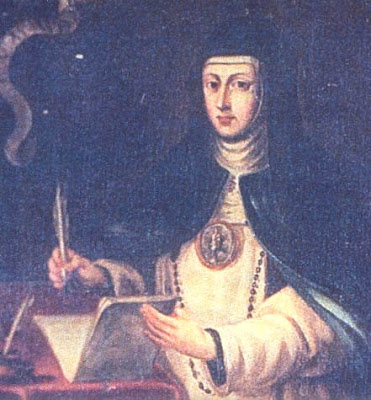 image shows a woman wearing a blue nun's habit seated at a desk holding a quill pen