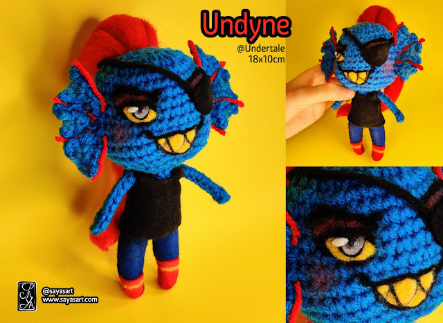 saya's art plush plushie crochet doll poupée art amigurumi art doll crocheter feutrine laine yarn felt felting undyne undertale jeu vidéo video game cute kawaii handmade france artist artiste commission commande