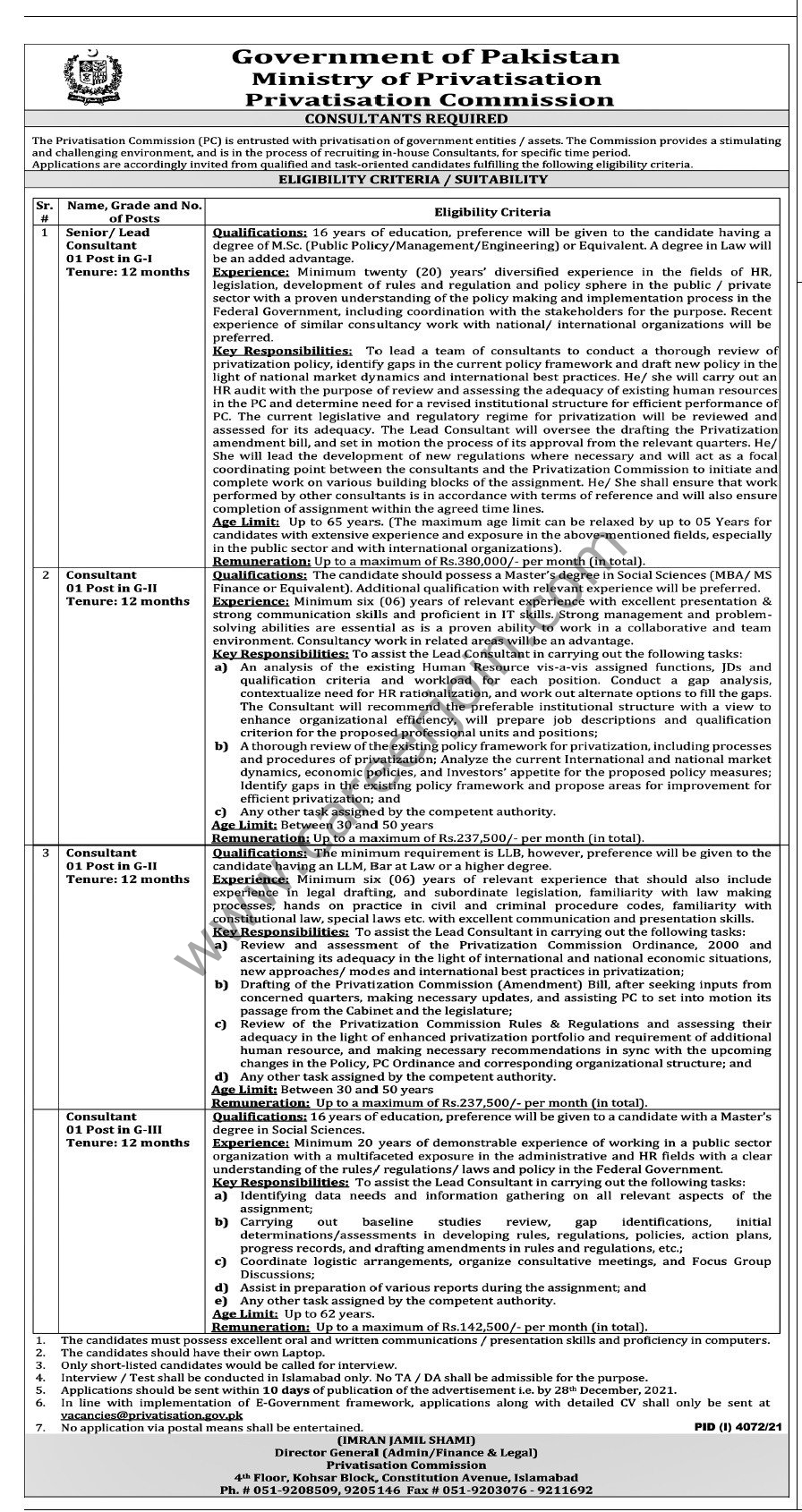 Govt Of Pakistan Ministry of Privatization Commission Jobs December 2021