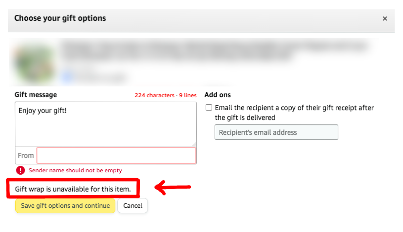 アメリカアマゾン、ギフトバッグが付けられない場合の画面