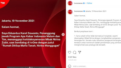 Surat Terbuka TV One Terkait Klarifikasi Walk Outnya Nirina Zubir