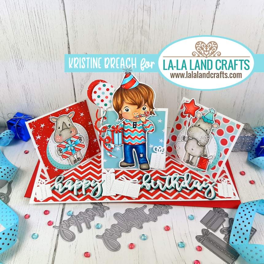 Slimline Triple Twisted Easel card, Birthday, Luka with Birthday Present, La-La Land Crafts