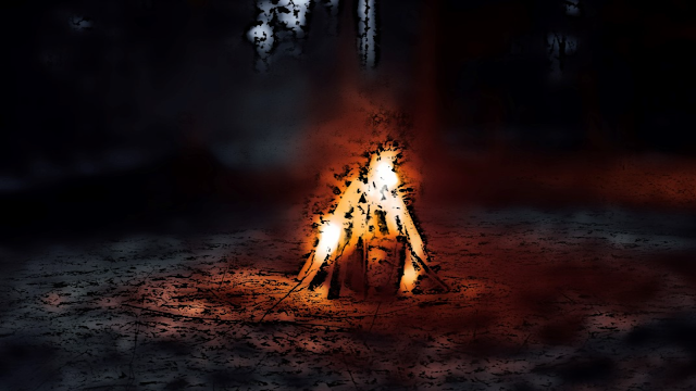 A website background containing a cartoon image of a campfire at night