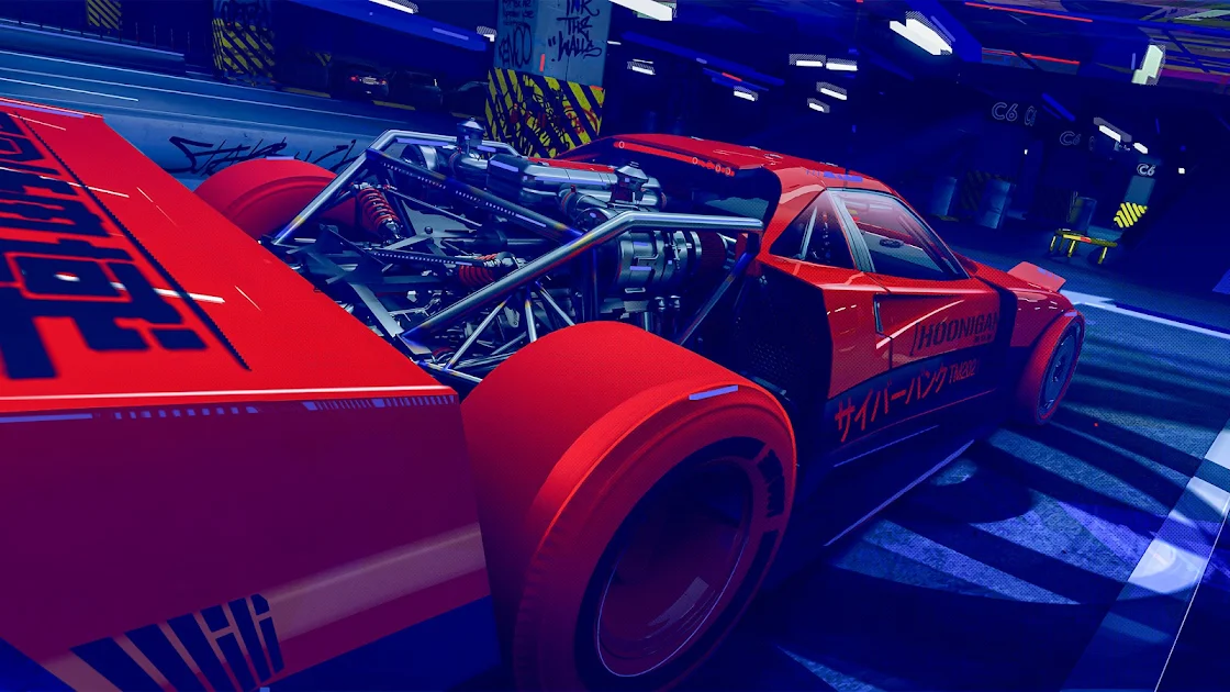 A sleek red futuristic racing car equipped with high-performance parts in a neon-lit pitstop, showcasing intricate design and vibrant colors, perfect for 4K PC desktop wallpaper.