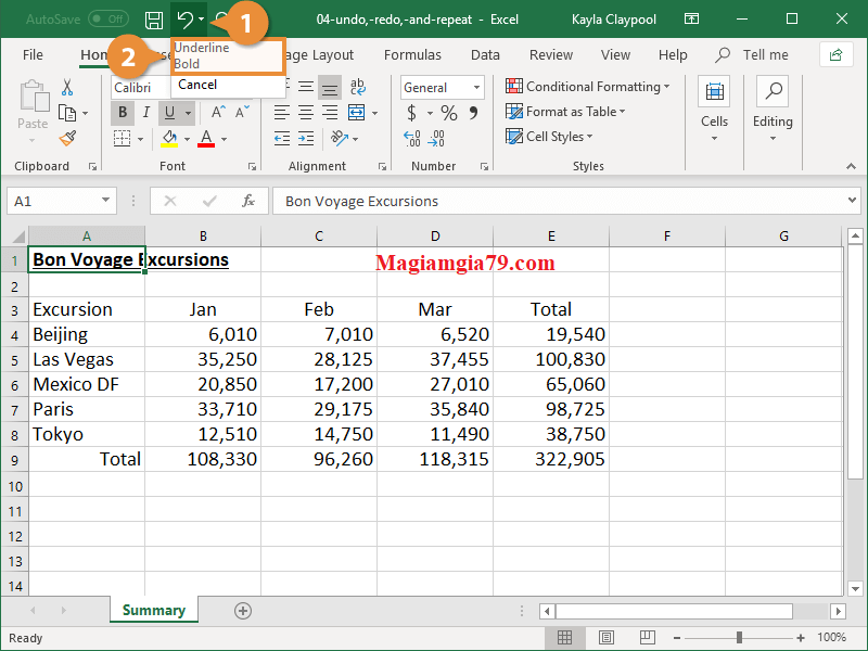 Hoàn tác nhiều hành động trên Excel