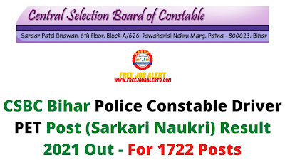 Sarkari Result: CSBC Bihar Police Constable Driver PET Post (Sarkari Naukri) Result 2021 Out - For 1722 Posts