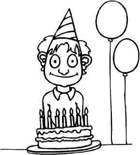 A boy and a birthday cake with 7 candles coloring page