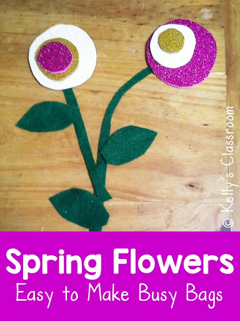Directions, material list and photos to make a spring flowers busy bag for young children. Felt, craft foam, pom poms, ribbons, and pipecleaners.
