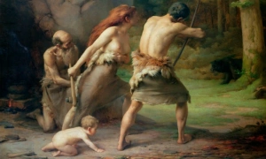 Uma pintura retratando uma família pré-histórica mostrando que não haviam distinção entre os sexos, por exemplo quando os membros de uma família precisam proteger uns aos outros dos perigos